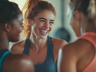 Three friends laughing and bonding during a workout class.