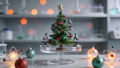Festive miniature christmas tree decorated with dna helix garlands and microscopes in science laboratory with glowing holiday lights