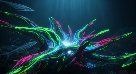  An organic, flowing alien coral reef structure with bioluminescent colors (neons, electric blues, hot pinks). The entire scene glows faintly against a deep, dark abyss. Wet look, high texture, sci-fi