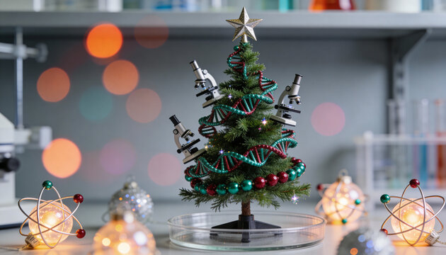 Festive miniature christmas tree decorated with microscopes and dna garlands in scientific laboratory with glowing holiday lights - Powered by Adobe