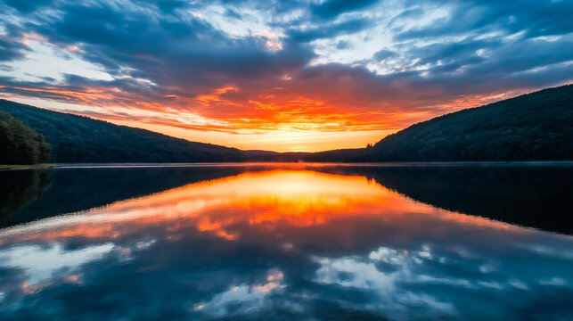 Beautiful sunset over calm lake with mirror reflections of clouds and forest silhouette - Powered by Adobe