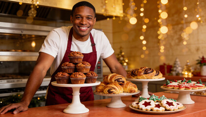 Smiling baker in festive bakery presenting fresh cupcakes pastries and decorated christmas cookies on display counter with warm lights