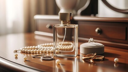 Elegant Perfume Bottle and Pearl Necklace on a Wooden Dressing Table.