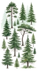 Obraz premium Set of detailed realistic watercolor pine trees of various shapes and sizes decoration art
