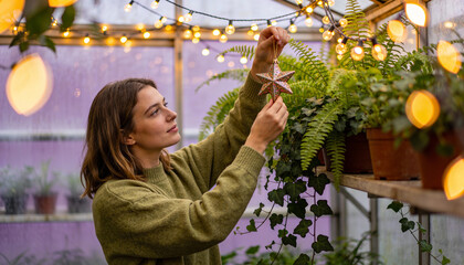 Young woman decorating greenhouse with festive star ornament among lush green plants and glowing string lights at dusk