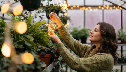 Woman decorating greenhouse with glowing star light among lush green plants and warm festive bokeh ambiance at golden hour