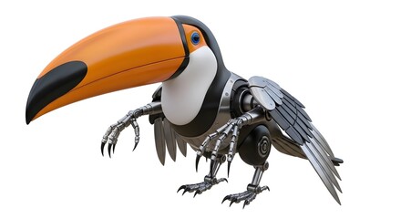 Fototapeta premium Steampunk toucan with metal parts and orange beak stands on white backdrop