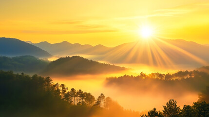 Golden sunrise over misty mountain forest with soft warm light and layers of hills