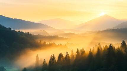 Golden sunrise over misty mountain forest with soft warm light and layers of hills