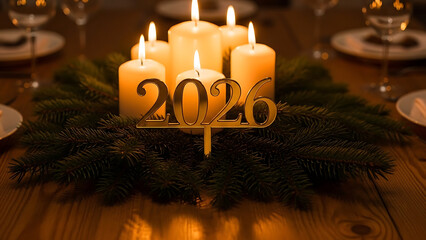 Warm festive table scene with candles, pine branches, ribbon accents, and a handcrafted wooden �2026� sign, soft amber lighting, cozy holiday ambience, shallow depth of field, 8K