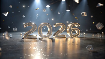 3D New Year celebration with polished glass, featuring sparkling reflections and festive decorations, perfect for glamorous holiday parties and joyful festive events.