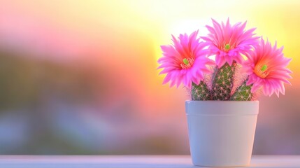 Modern decor cactus with rich pink blooms, bathed in sunset light, combining natural beauty with simplicity