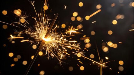 Bright golden sparks flying in close-up view, illuminating the dark background, perfect for festive celebrations, magical nights, and sparkling holiday events.