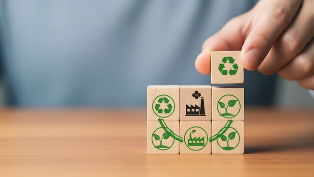 Hand placing eco friendly recycling symbol block on top of stacked wooden cubes with environmental icons on a table