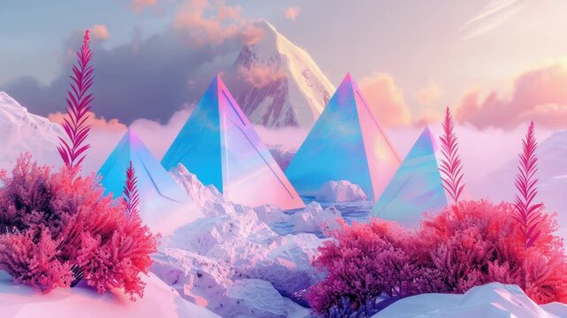 Video A serene digital painting of a mountain range with lush vegetation in the foreground, suitable for environmental or outdoor-themed projects