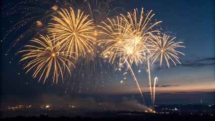 Elegant golden fireworks blooming high in the night sky, creating sparkling lights and festive atmosphere, perfect for celebrations and holiday events.