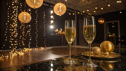 Elegant New Year party environment with golden decorations, sparkling lights and festive atmosphere, perfect for holiday celebrations and glamorous evening events.