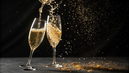 Festive New Year champagne concept with two crystal glasses, sparkling bubbles and glowing lights, perfect for holiday celebrations and glamorous party moments.