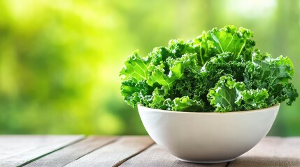 Natural light on bowl of just-washed kale, rustic wood backdrop adding warmth and simplicity to the clean eating scene