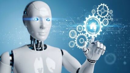 A futuristic robot interacting with digital gears and technology interface in a blue tinted environment with innovative ambiance
