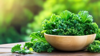 Natural light on bowl of just-washed kale, rustic wood backdrop adding warmth and simplicity to the clean eating scene