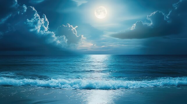 Moonlight casts radiant reflections across a dark sea, capturing quiet elegance and the rhythm of gentle ocean waves - Powered by Adobe