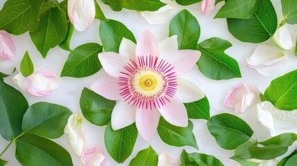 Passionflower bloom centered in frame, symmetrical structure and fine tendrils captured in botanical precision