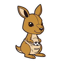 Cute cartoon kangaroo with a soccer ball in its pouch.