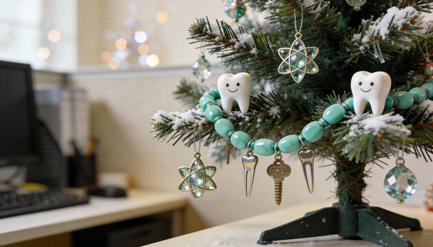 Festive dental themed mini christmas tree decorated with tooth ornaments, implants and turquoise beads on snowy office desk background