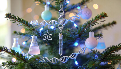 Scientific themed christmas tree decorated with dna helix garlands, chemistry glassware ornaments, and glowing festive lights indoors