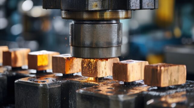 Cold copper billets being precisely cut by a hydraulic press in a clean manufacturing facility.