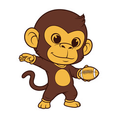 Cute cartoon monkey holding an American football ready to play sports.