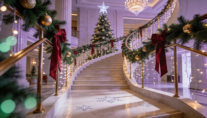 Festive grand staircase adorned with christmas tree, garlands, red ribbons, golden baubles, and sparkling fairy lights in elegant hall