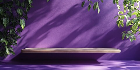 A simple wooden bench sitting under a purple tree in the garden. A peaceful and inviting space for relaxation.