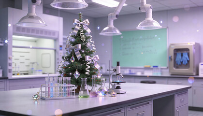 Festive christmas tree with laboratory glassware and microscope on scientific workspace table decorated for holiday celebration