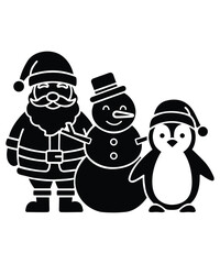 Charming Holiday Design Showing Santa Snowman and Penguin Group in Black and White
