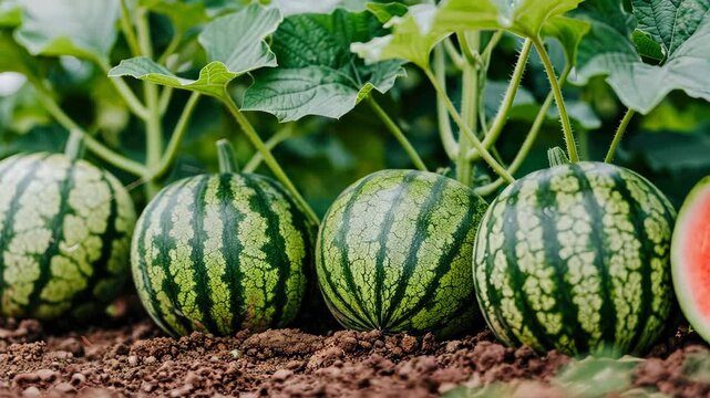 Vibrant watermelons are seen maturing among lush greenery, displaying their distinct stripes in an agricultural setting