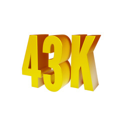 Golden 43K isolated on white background. Thank you for 43k followers. 3d render.