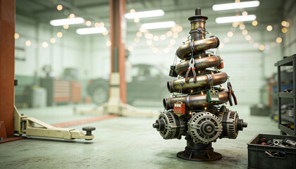 Creative metal christmas tree made from car parts and gears in festive decorated auto repair workshop with warm holiday lights