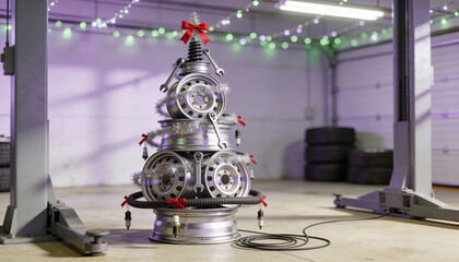 Festive automotive themed christmas tree made from metal car parts in garage workshop decorated with lights and ornaments