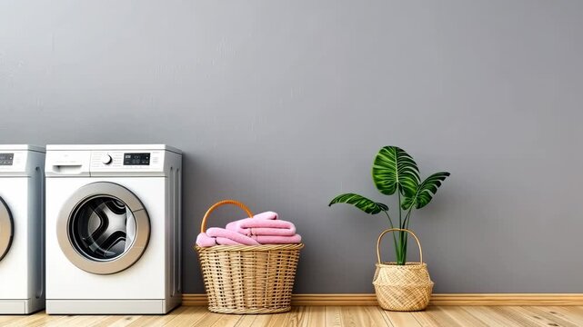 A well-organized laundry space featuring white appliances, a basket of towels, and decorative plants adds style and functionality