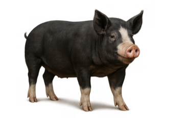 Berkshire pig standing, facing camera with white snouth and feet, domestic farm animal, black hog