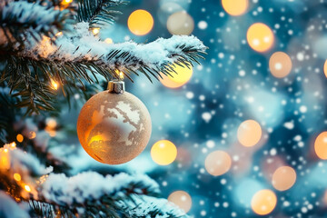 Obraz premium Silver Christmas ornament hanging on snowy pine branch with warm glowing lights