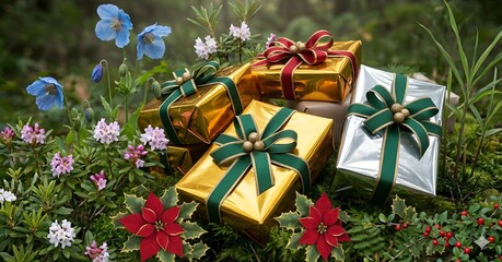 Festive Gift Boxes Surrounded by Forest Moss and Wildflowers