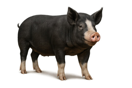 Berkshire pig standing, facing camera with white snouth and feet, domestic farm animal, black hog