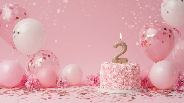 A decorated table features a pink cake with a candle shaped like two. Colorful balloons surround the cake along with confetti. It is a joyful celebration for a child's second birthday