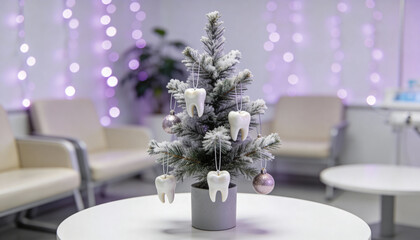 Festive dental themed christmas tree with tooth ornaments in modern clinic waiting room and soft purple holiday lights
