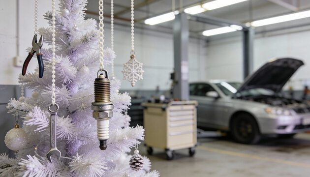 White christmas tree decorated with automotive ornaments in festive car repair garage with open hood and maintenance tools - Powered by Adobe