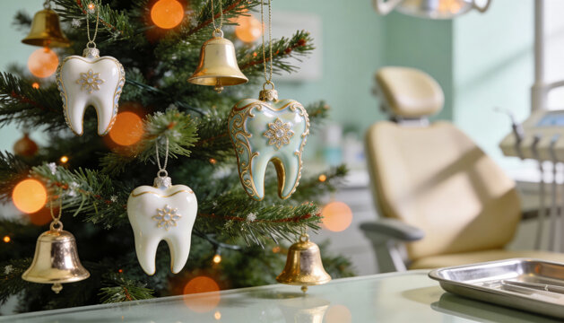 Festive dental clinic decorated with christmas tree and tooth ornaments near examination chair and medical instruments