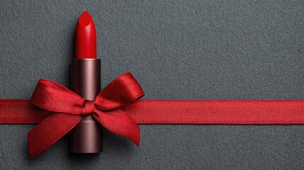 Lipstick is standing upright against a gray surface. A red ribbon is neatly tied around the base. This setup suggests preparation for a gift or celebration